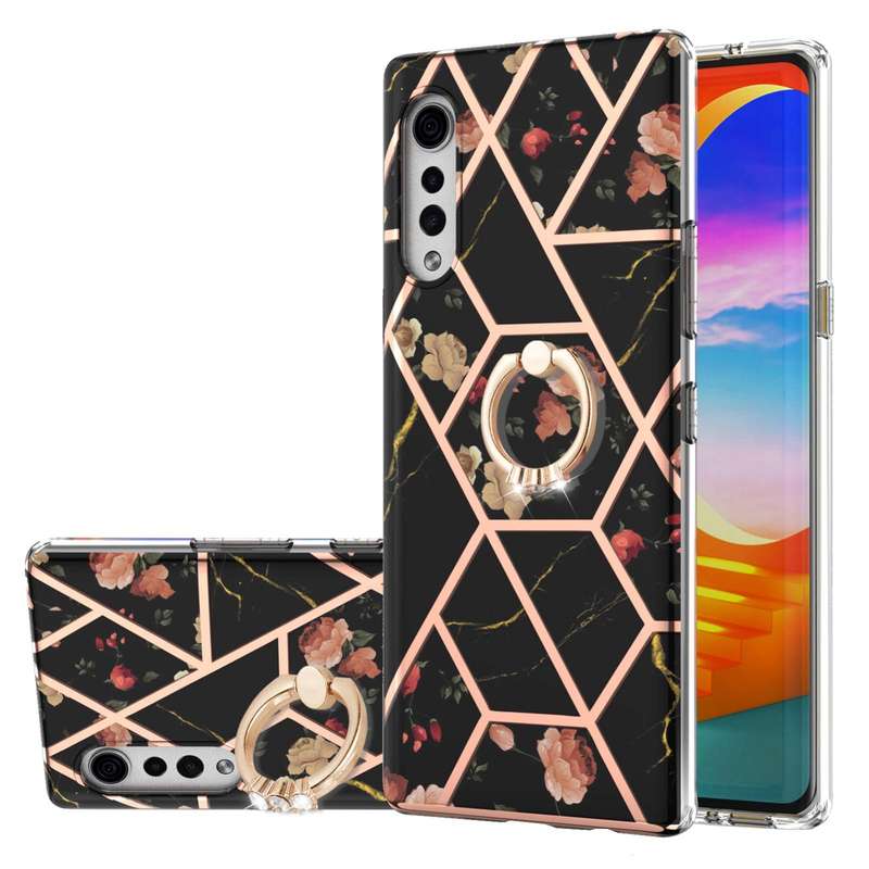 For LG Velvet Electroplating Splicing Marble Flower Pattern TPU Shockproof Case with Rhinestone Ring
