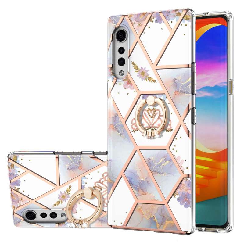 For LG Velvet Electroplating Splicing Marble Flower Pattern TPU Shockproof Case with Rhinestone Ring