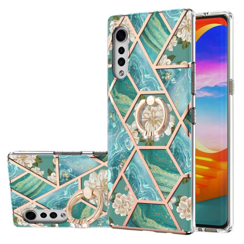 For LG Velvet Electroplating Splicing Marble Flower Pattern TPU Shockproof Case with Rhinestone Ring