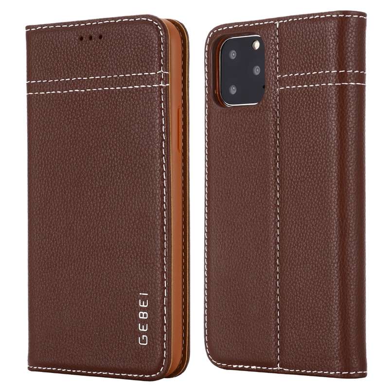 For iPhone 11 GEBEI Top-grain Leather Horizontal Flip Protective Case with Holder & Card Slots(Brown