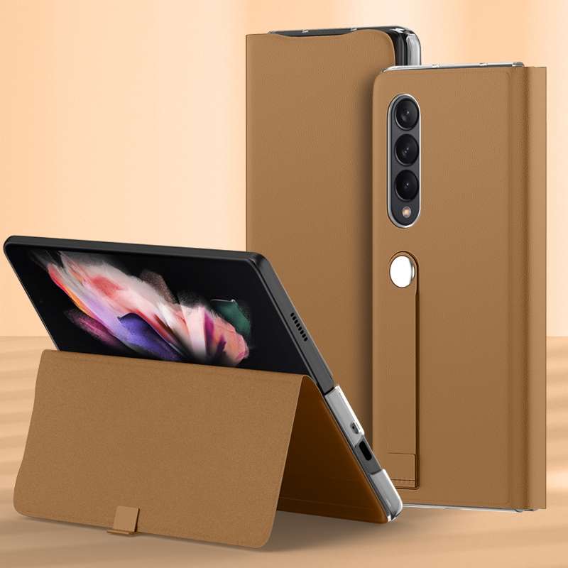 For Samsung Galaxy Z Fold3 5G Plain Leather Horizontal Flip Leather Case with Holder(Brown)