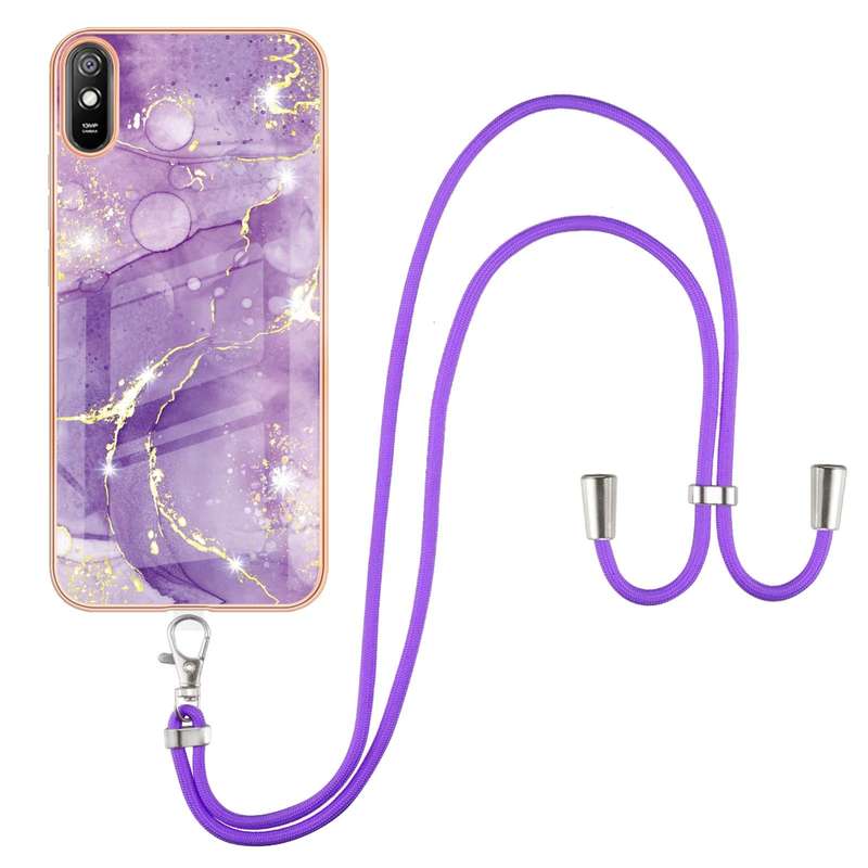 For Xiaomi Redmi 9A Electroplating Marble Pattern IMD TPU Shockproof Case with Neck Lanyard(Rose Gol