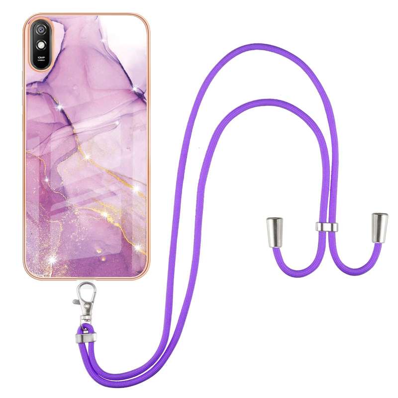 For Xiaomi Redmi 9A Electroplating Marble Pattern IMD TPU Shockproof Case with Neck Lanyard(Rose Gol