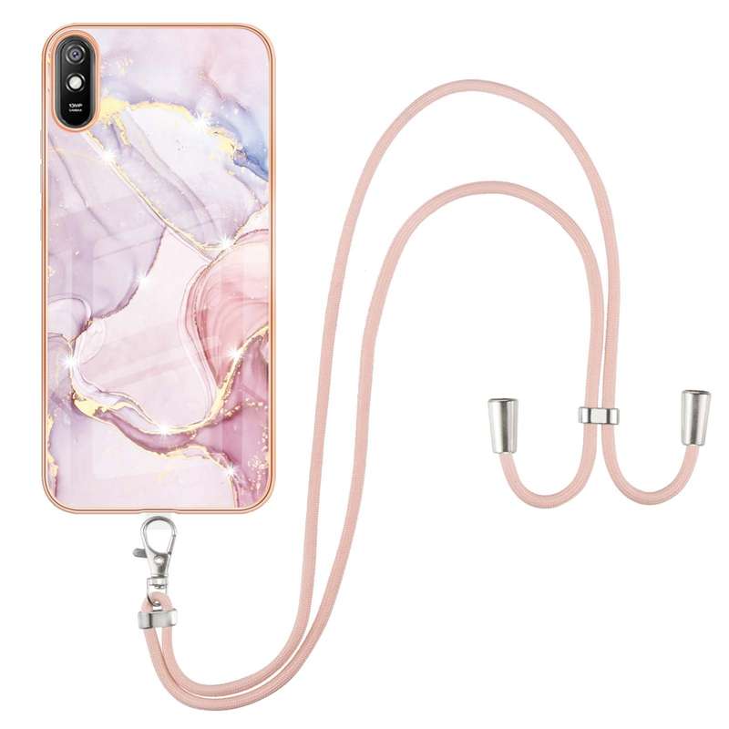 For Xiaomi Redmi 9A Electroplating Marble Pattern IMD TPU Shockproof Case with Neck Lanyard(Rose Gol