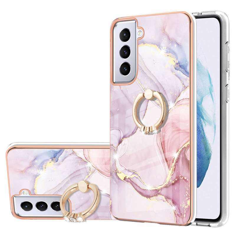 For Samsung Galaxy S21 5G Electroplating Marble Pattern IMD TPU Shockproof Case with Ring Holder(Ros