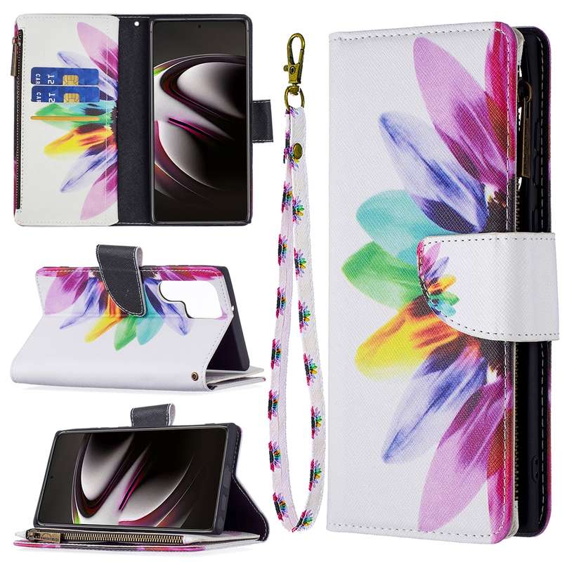 For Samsung Galaxy S22 Ultra 5G Colored Drawing Pattern Zipper Horizontal Flip Phone Leather Case wi