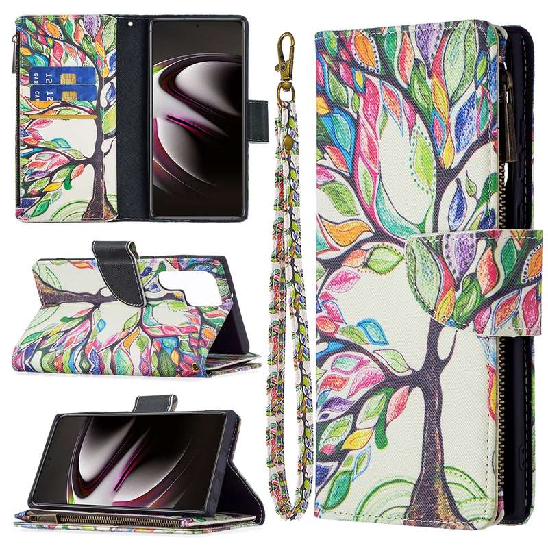 For Samsung Galaxy S22 Ultra 5G Colored Drawing Pattern Zipper Horizontal Flip Phone Leather Case wi