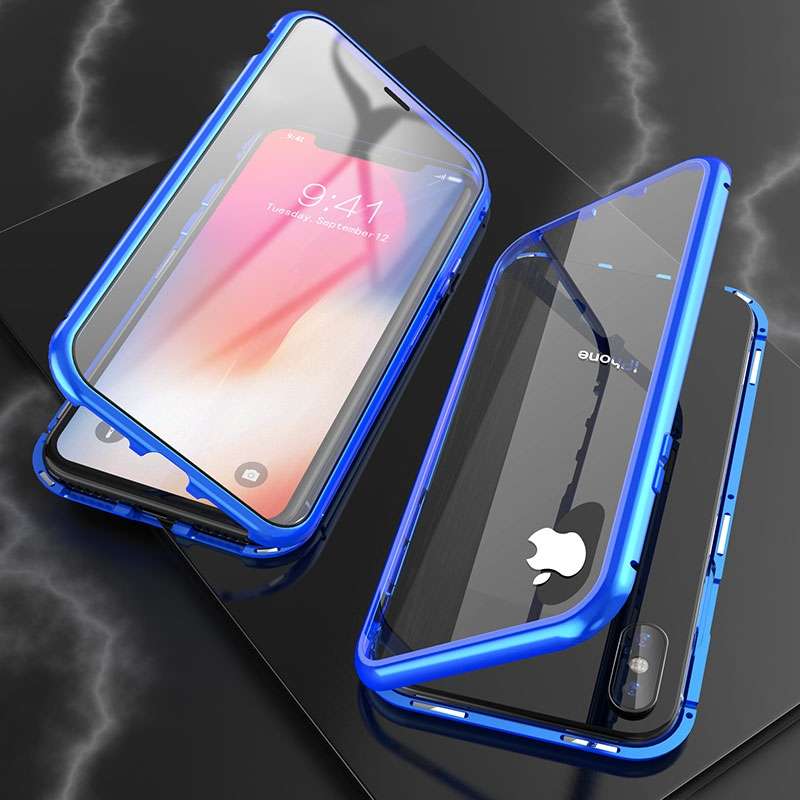For iPhone XS Max Ultra Slim Double Sides Magnetic Adsorption Angular Frame Tempered Glass Magnet Fl