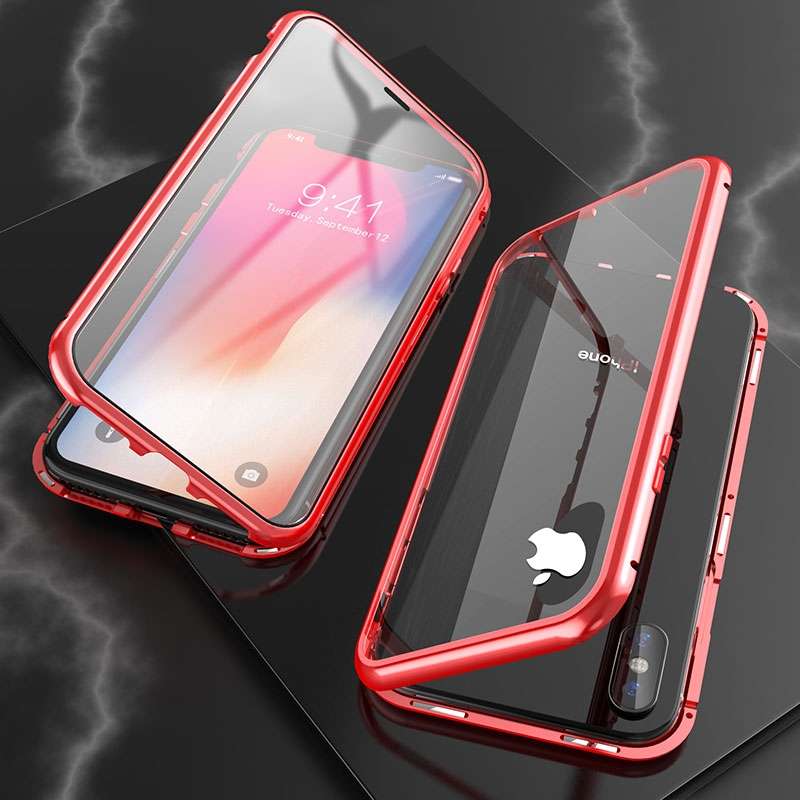For iPhone XS Max Ultra Slim Double Sides Magnetic Adsorption Angular Frame Tempered Glass Magnet Fl