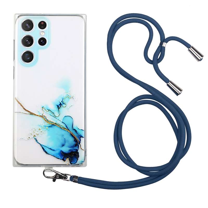 For Samsung Galaxy S22 Ultra 5G Hollow Marble Pattern TPU Shockproof Phone Case with Neck Strap Rope