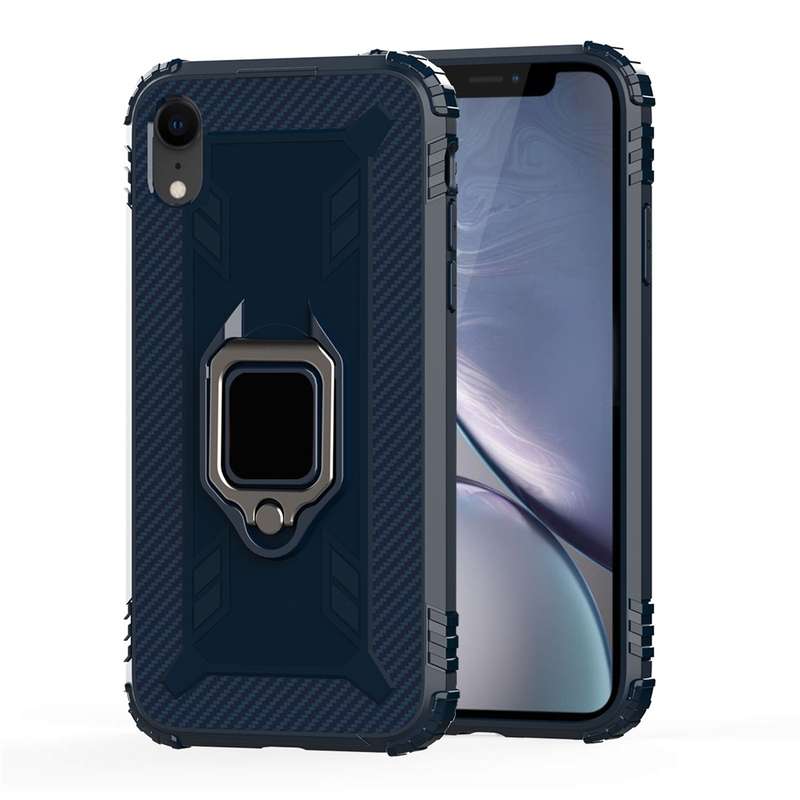 For iPhone X / XS Carbon Fiber Protective Case with 360 Degree Rotating Ring Holder(Black)