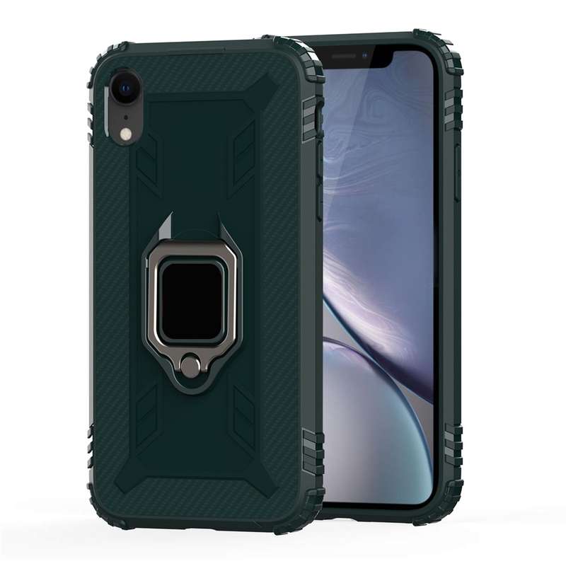 For iPhone X / XS Carbon Fiber Protective Case with 360 Degree Rotating Ring Holder(Black)