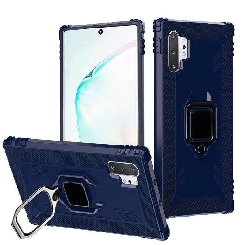 For Galaxy Note 10+ Carbon Fiber Protective Case with 360 Degree Rotating Ring Holder(Black)