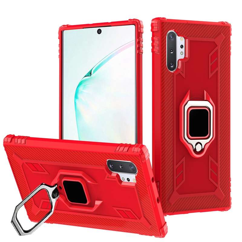 For Galaxy Note 10+ Carbon Fiber Protective Case with 360 Degree Rotating Ring Holder(Black)
