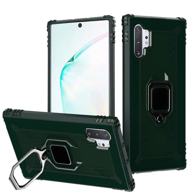 For Galaxy Note 10+ Carbon Fiber Protective Case with 360 Degree Rotating Ring Holder(Black)