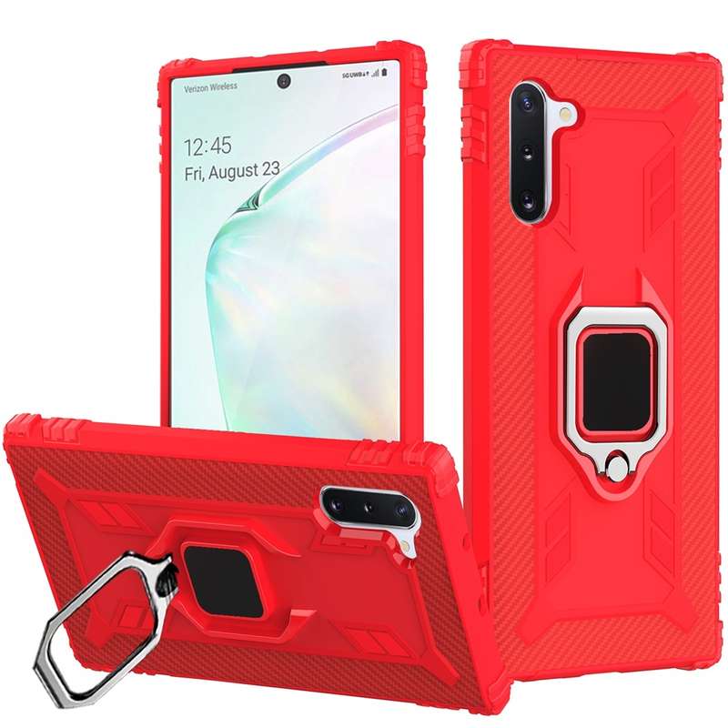 For Galaxy Note 10 Carbon Fiber Protective Case with 360 Degree Rotating Ring Holder(Black)