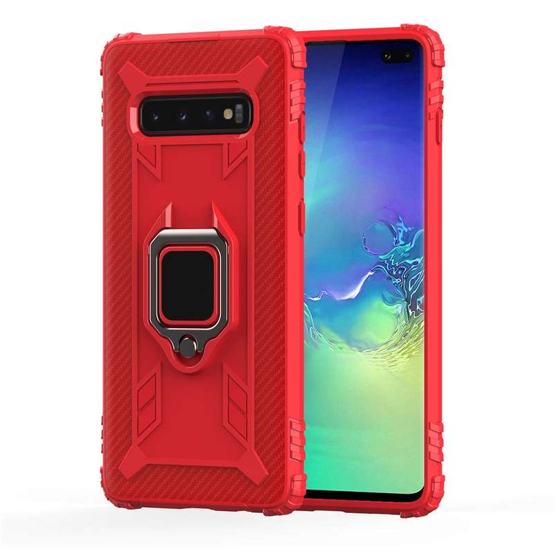 For Galaxy S10 Carbon Fiber Protective Case with 360 Degree Rotating Ring Holder(Black)