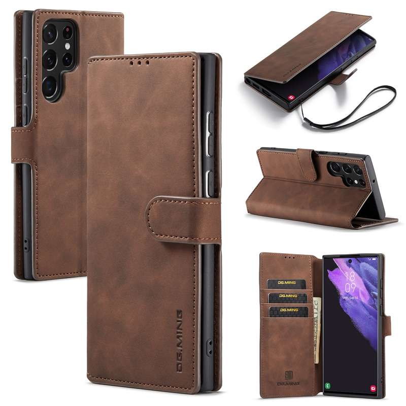 For Samsung Galaxy S22 Ultra DG.MING Retro Oil Side Horizontal Flip Leather Case with Holder & Card