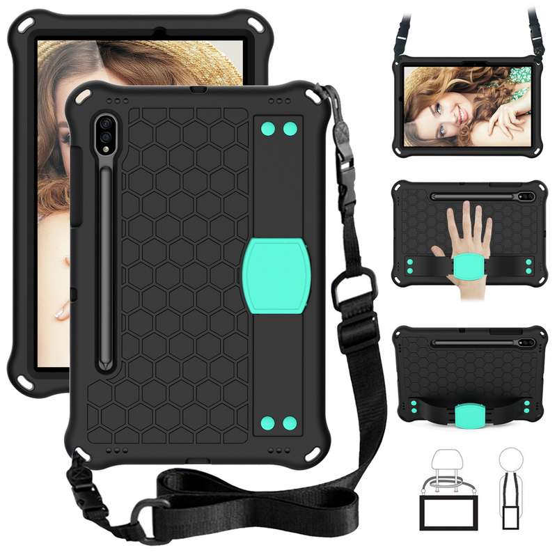 For Samsung Galaxy Tab S8 / Tab S7 Honeycomb Design EVA + PC Tablet Case with Strap(Black+Mint Green