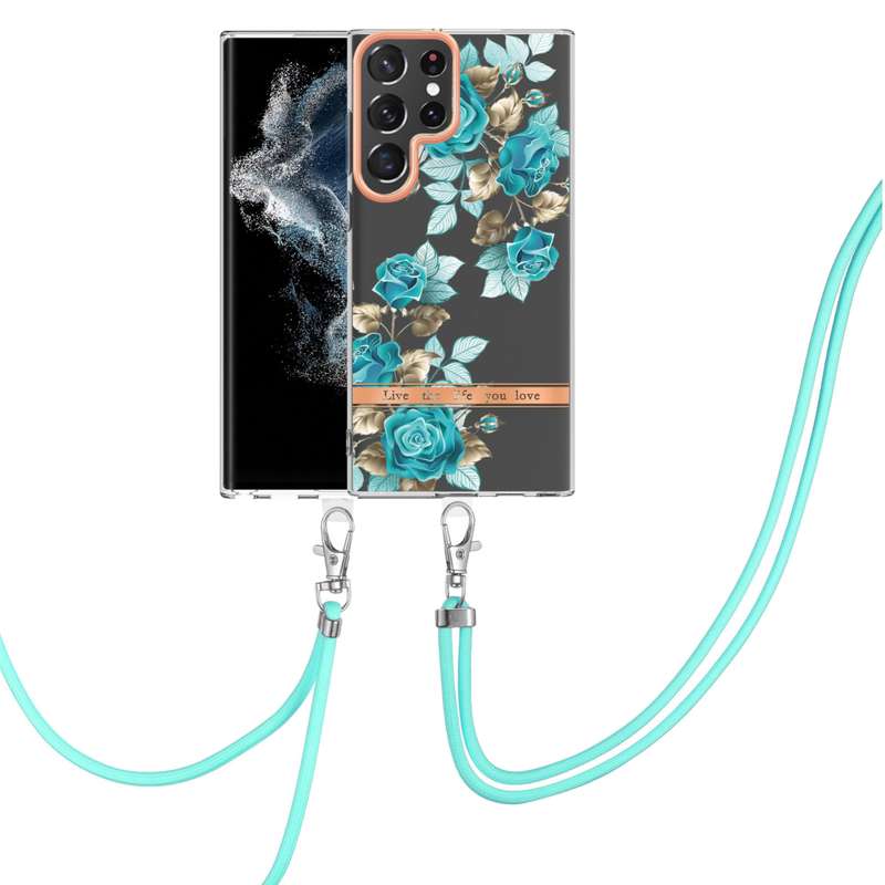For Samsung Galaxy S22 Ultra 5G Flowers Series TPU Phone Case with Lanyard(Green Gardenia)