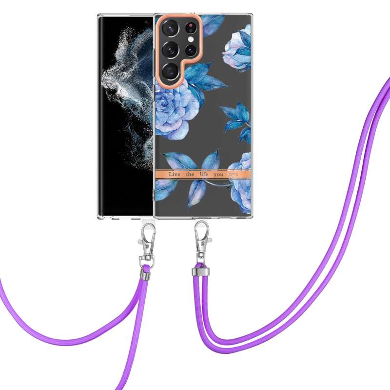 For Samsung Galaxy S22 Ultra 5G Flowers Series TPU Phone Case with Lanyard(Green Gardenia)