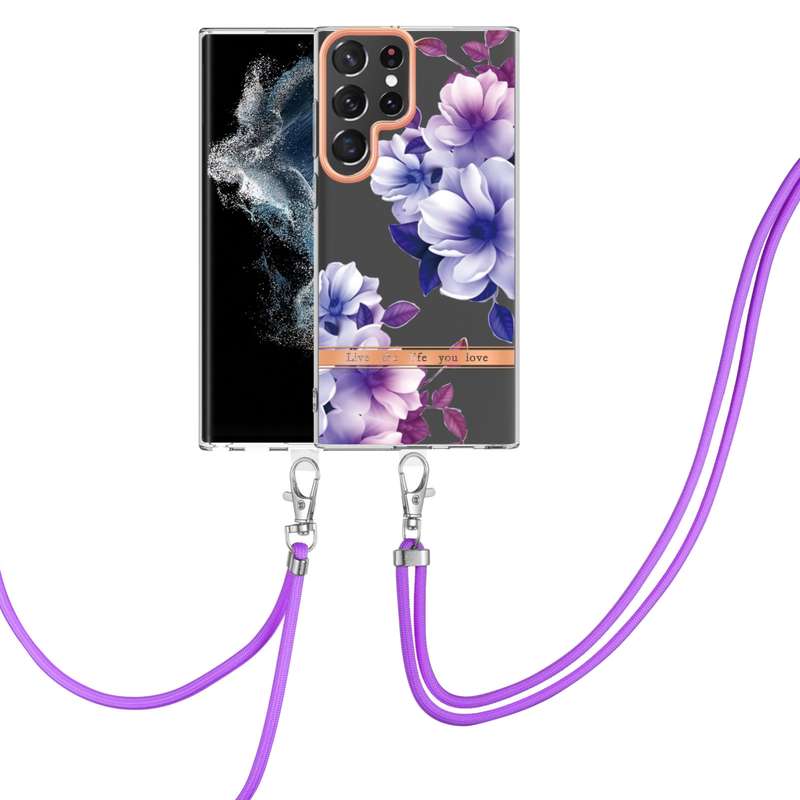 For Samsung Galaxy S22 Ultra 5G Flowers Series TPU Phone Case with Lanyard(Green Gardenia)