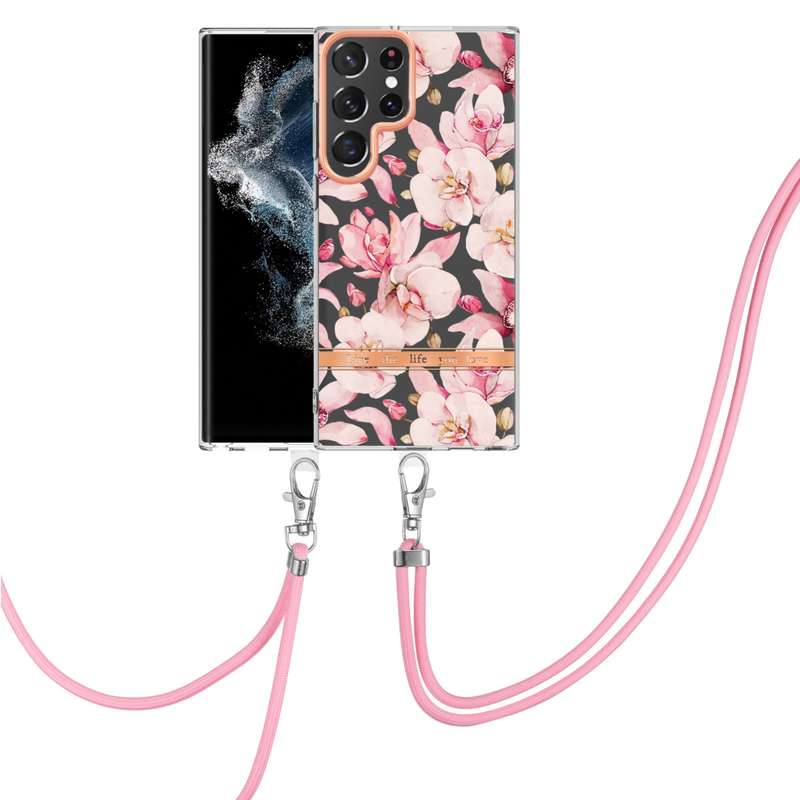 For Samsung Galaxy S22 Ultra 5G Flowers Series TPU Phone Case with Lanyard(Green Gardenia)