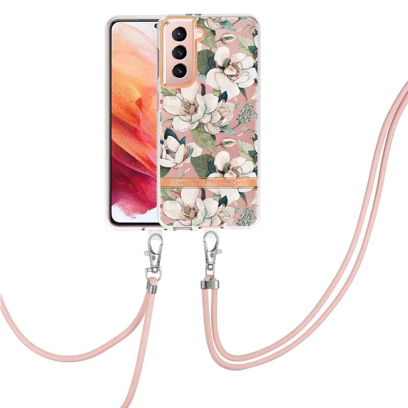 For Samsung Galaxy S21 5G Flowers Series TPU Phone Case with Lanyard(Green Gardenia)