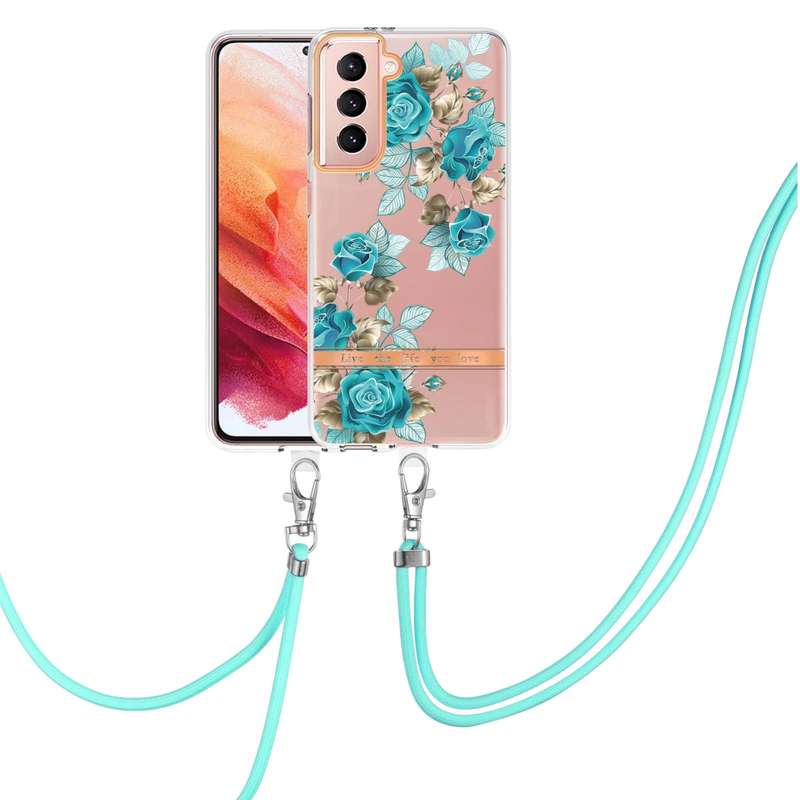 For Samsung Galaxy S21 5G Flowers Series TPU Phone Case with Lanyard(Green Gardenia)