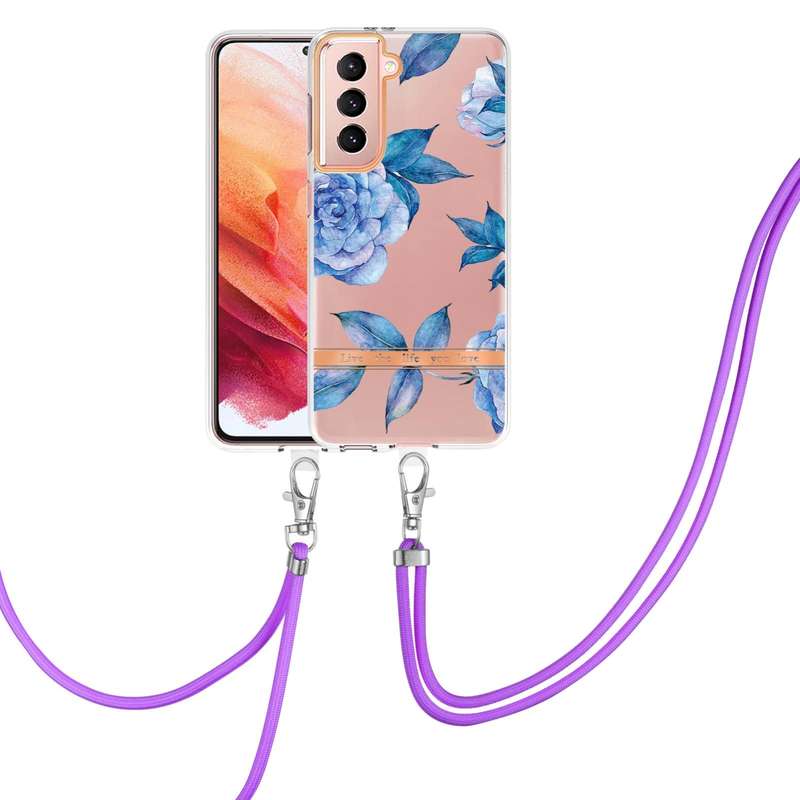 For Samsung Galaxy S21 5G Flowers Series TPU Phone Case with Lanyard(Green Gardenia)