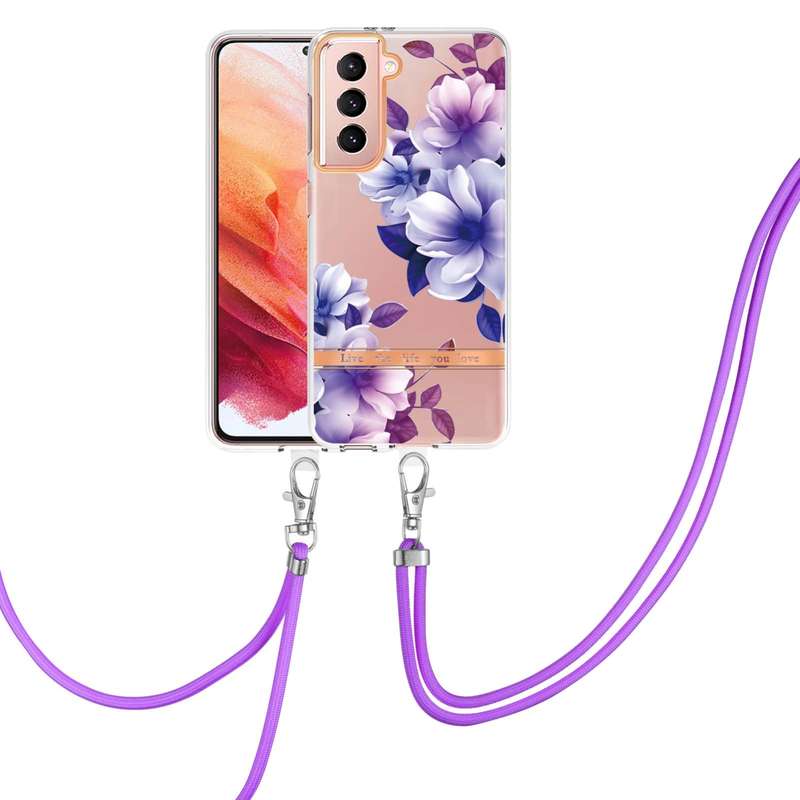 For Samsung Galaxy S21 5G Flowers Series TPU Phone Case with Lanyard(Green Gardenia)
