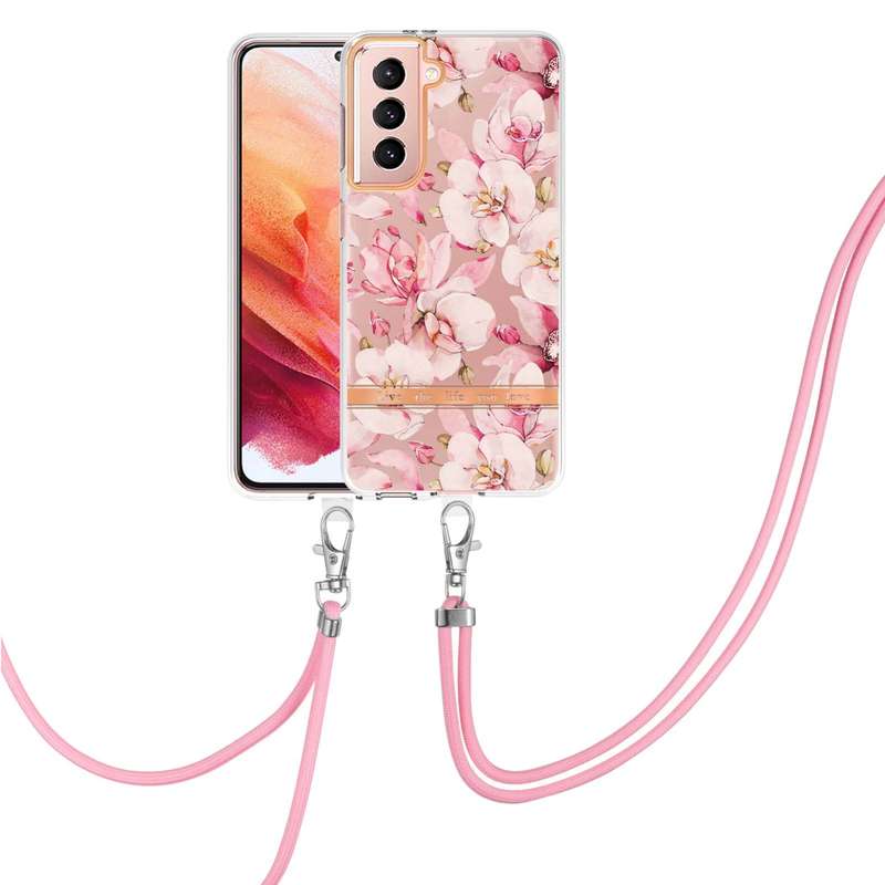 For Samsung Galaxy S21 FE 5G Flowers Series TPU Phone Case with Lanyard(Green Gardenia)