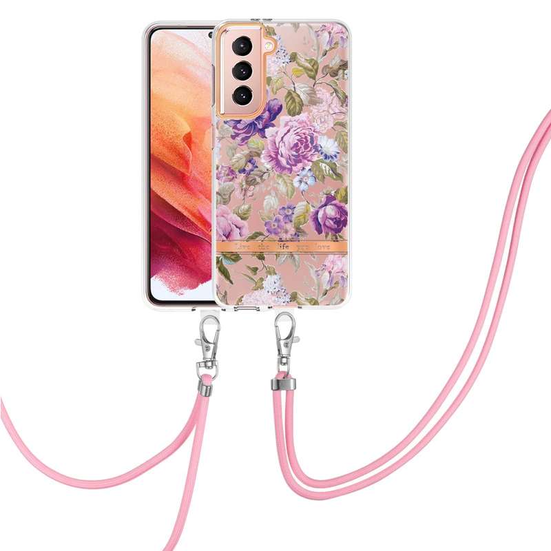 For Samsung Galaxy S21 5G Flowers Series TPU Phone Case with Lanyard(Green Gardenia)