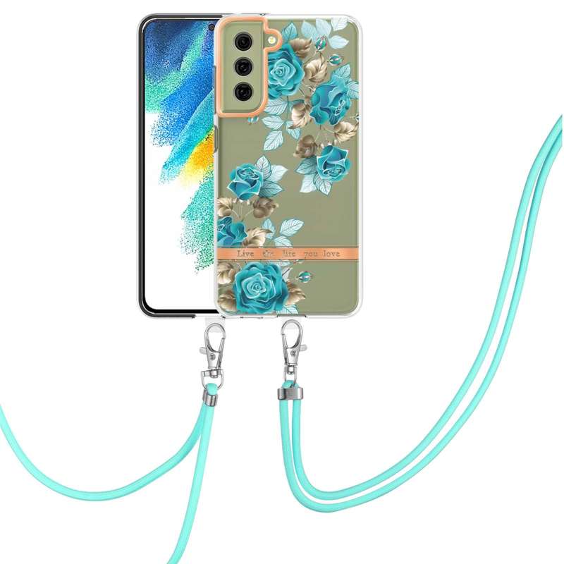 For Samsung Galaxy S21 FE 5G Flowers Series TPU Phone Case with Lanyard(Green Gardenia)