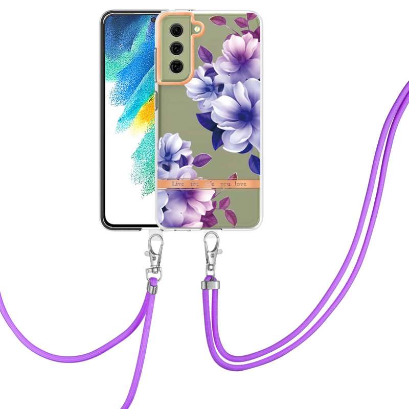 For Samsung Galaxy S21 FE 5G Flowers Series TPU Phone Case with Lanyard(Green Gardenia)