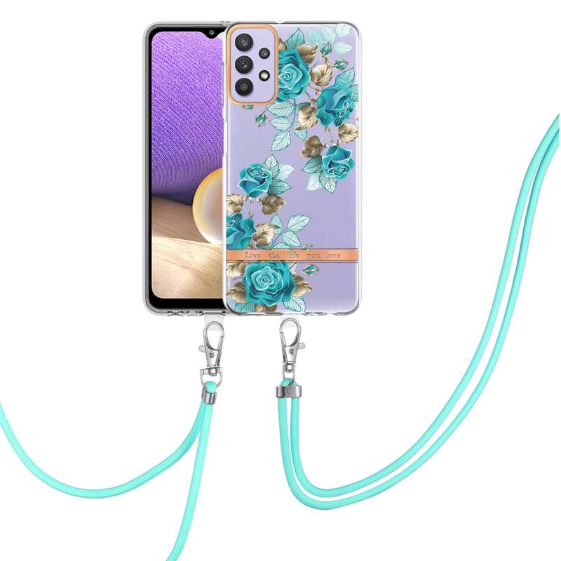 For Samsung Galaxy A32 5G Flowers Series TPU Phone Case with Lanyard(Green Gardenia)