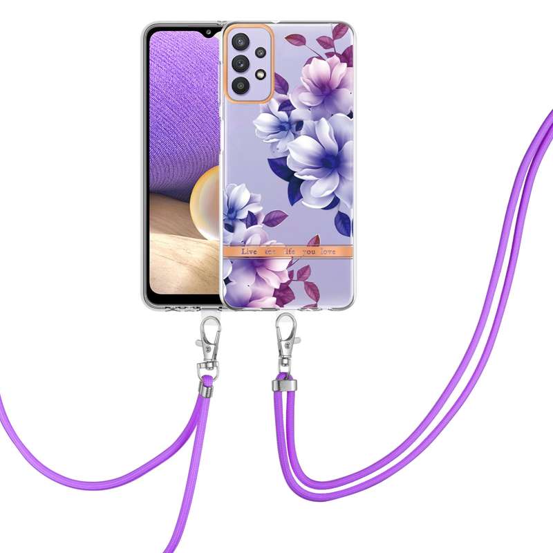 For Samsung Galaxy A32 5G Flowers Series TPU Phone Case with Lanyard(Green Gardenia)