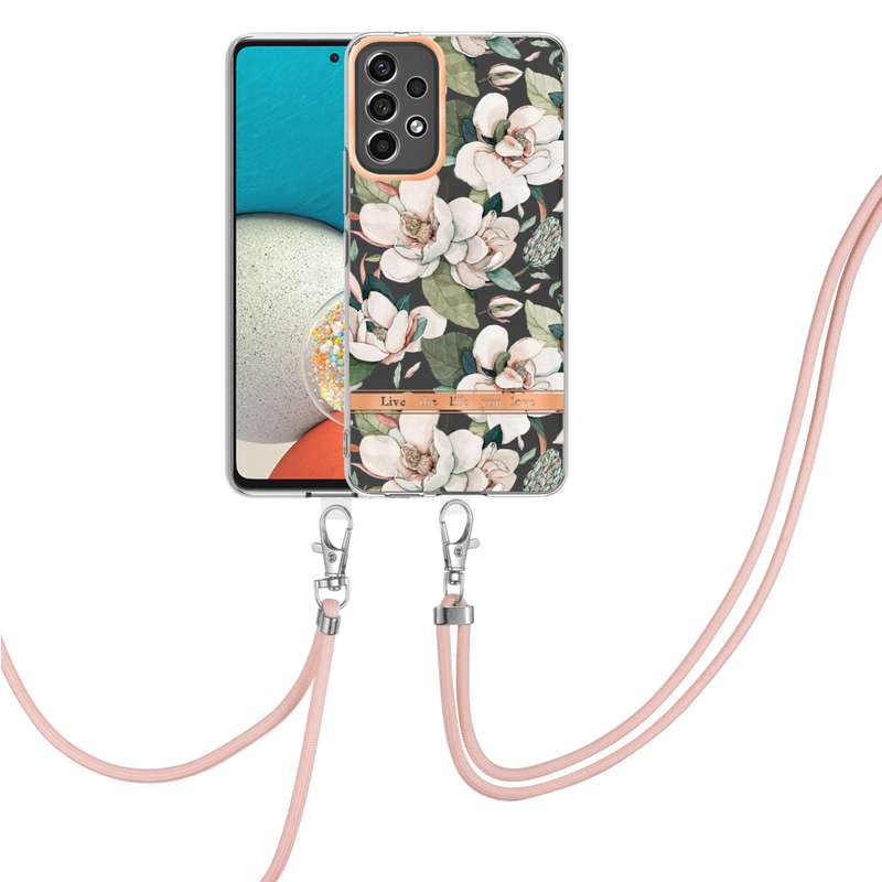For Samsung Galaxy A53 5G Flowers Series TPU Phone Case with Lanyard(Blue Rose)