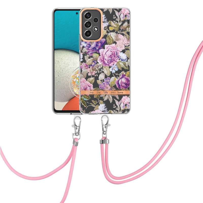 For Samsung Galaxy A53 5G Flowers Series TPU Phone Case with Lanyard(Blue Rose)