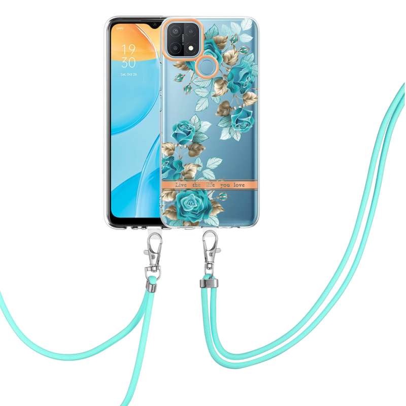 For OPPO A15 / A15S Flowers Series TPU Phone Case with Lanyard(Green Gardenia)