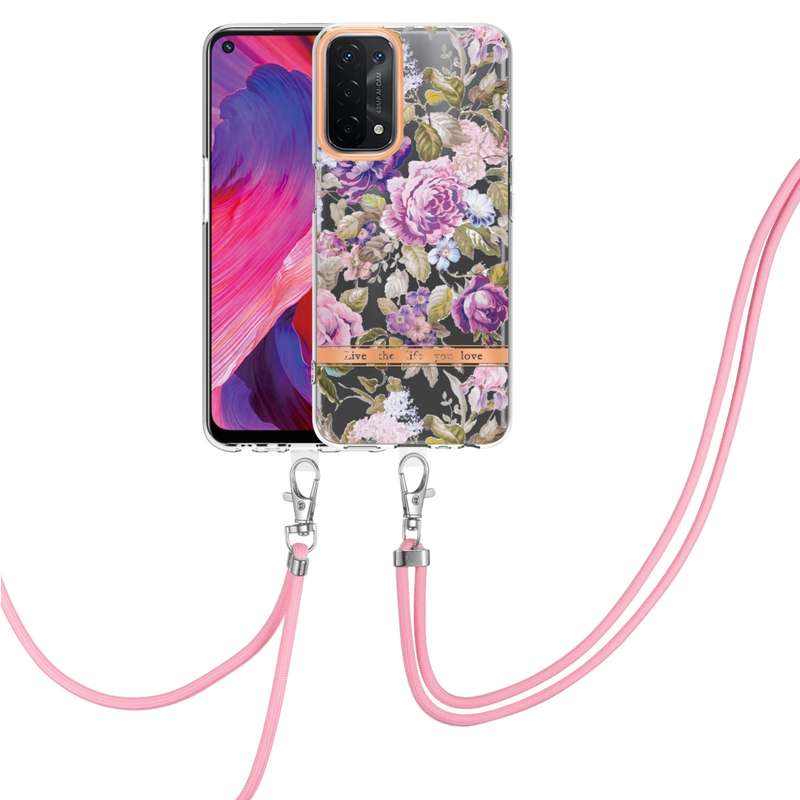 For OPPO A74 5G / A93 5G / A54 5G / A93S 5G Flowers Series TPU Phone Case with Lanyard(Pink Gardenia