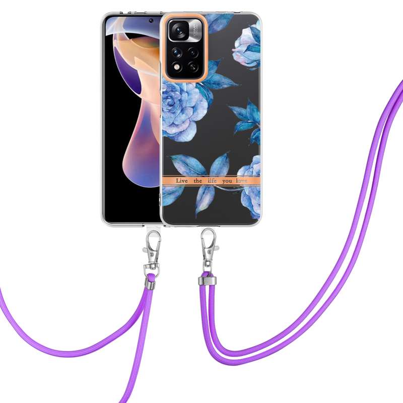 For Xiaomi Redmi Note 11 Pro / Redmi Note 11 Pro+ Flowers Series TPU Phone Case with Lanyard(Blue Ro