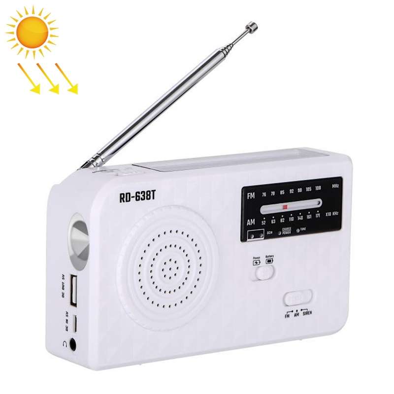 RD-638T Two-band Solar Powered AM / FM Radio Player Flashlight with Dynamo Function(White)