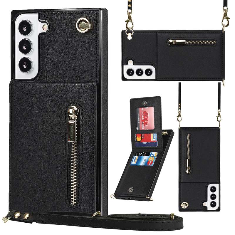 For Samsung Galaxy S22 5G Cross-body Square Zipper Card Holder Bag Phone Case(Rose Gold)