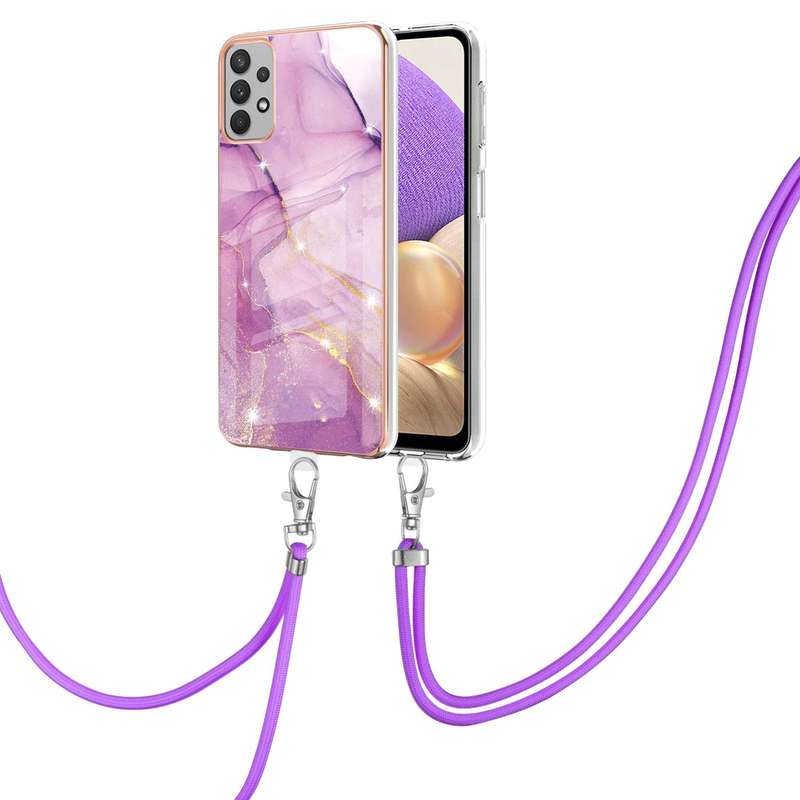 For Samsung Galaxy Note20 Electroplating Marble IMD TPU Phone Case with Lanyard(Rose Gold 005)