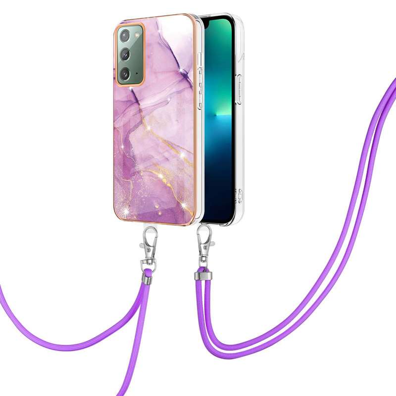 For Samsung Galaxy S22 5G Electroplating Marble IMD TPU Phone Case with Lanyard(Rose Gold 005)