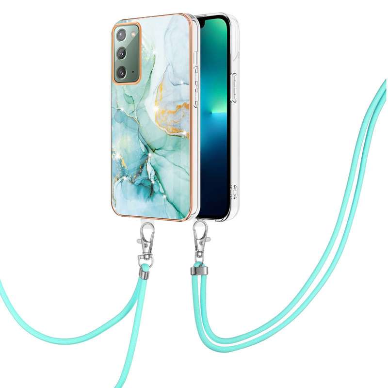 For Samsung Galaxy Note20 Electroplating Marble IMD TPU Phone Case with Lanyard(Rose Gold 005)