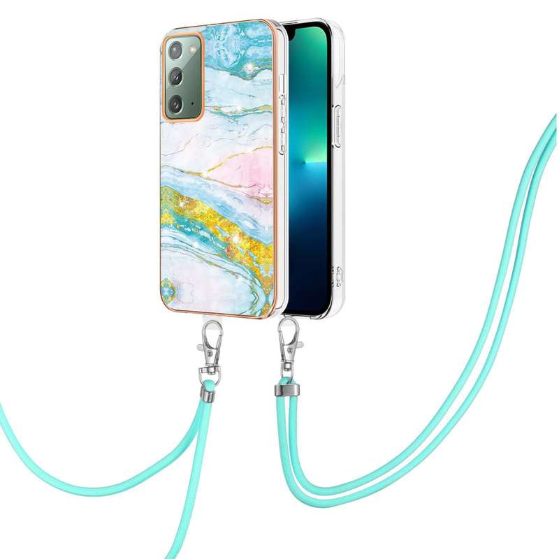 For Samsung Galaxy Note20 Electroplating Marble IMD TPU Phone Case with Lanyard(Rose Gold 005)