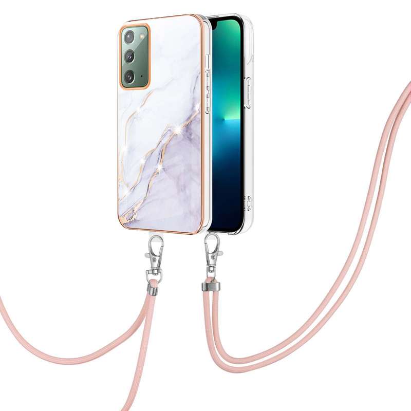 For Samsung Galaxy Note20 Electroplating Marble IMD TPU Phone Case with Lanyard(Rose Gold 005)