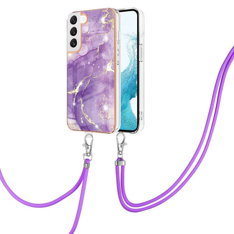 For Samsung Galaxy S22 5G Electroplating Marble IMD TPU Phone Case with Lanyard(Rose Gold 005)